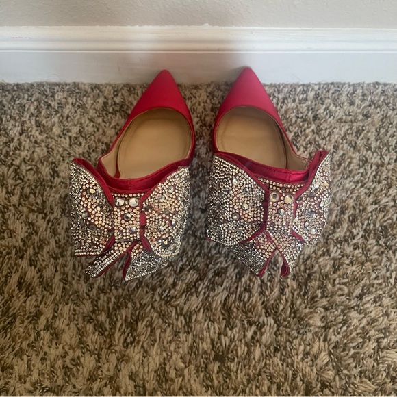 Betsey Johnson Red Satin Heels with Sparkling Bow - Picture 5 of 13